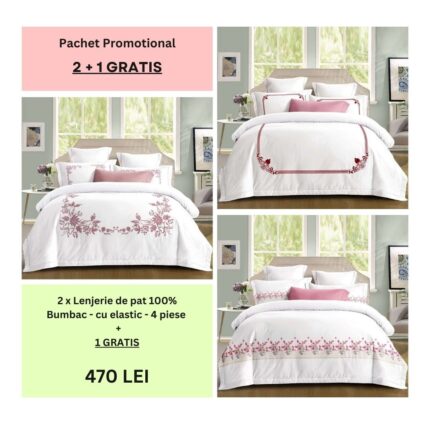 Lenjerie de pat 100% bumbac – cu elastic – 4 piese - 2 + 1 CADOU, Model 002