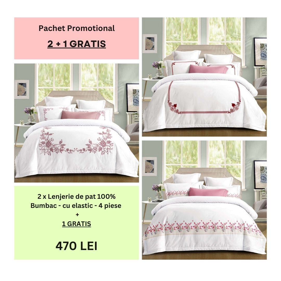 Lenjerie de pat 100% bumbac – cu elastic – 4 piese - 2 + 1 CADOU, Model 002 Lenjerie de pat 100% bumbac – cu elastic – 4 piese - 2 + 1 CADOU, Model 002
