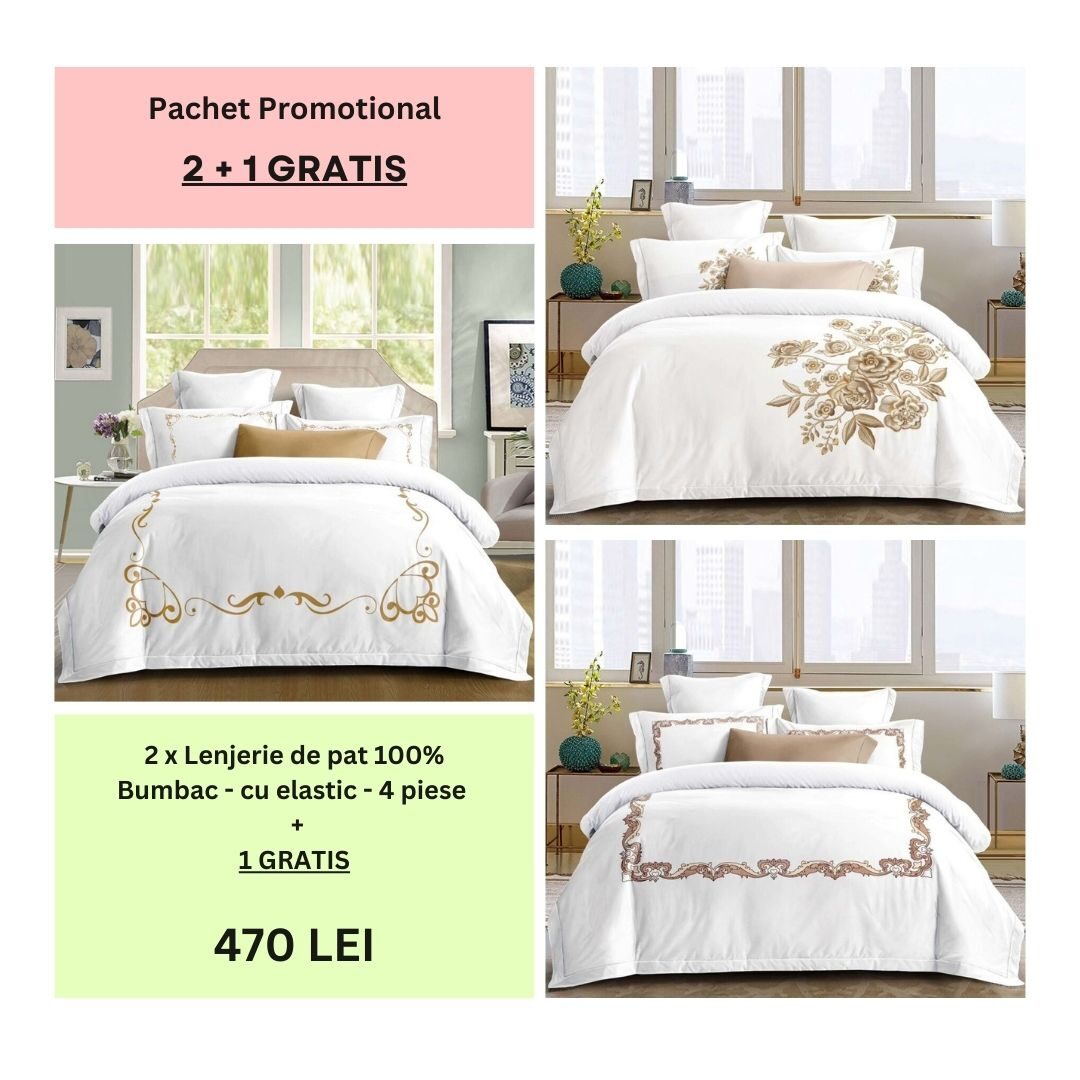 Lenjerie de pat 100% bumbac – cu elastic – 4 piese - 2 + 1 CADOU, Model 003 Lenjerie de pat 100% bumbac – cu elastic – 4 piese - 2 + 1 CADOU, Model 003