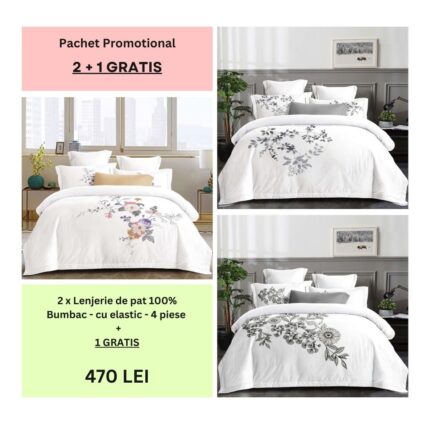 Lenjerie de pat 100% bumbac – cu elastic – 4 piese - 2 + 1 CADOU, Model 004