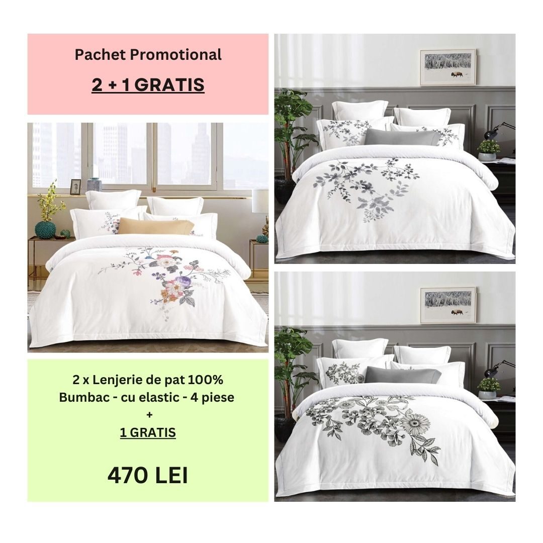 Lenjerie de pat 100% bumbac – cu elastic – 4 piese - 2 + 1 CADOU, Model 004 Lenjerie de pat 100% bumbac – cu elastic – 4 piese - 2 + 1 CADOU, Model 004