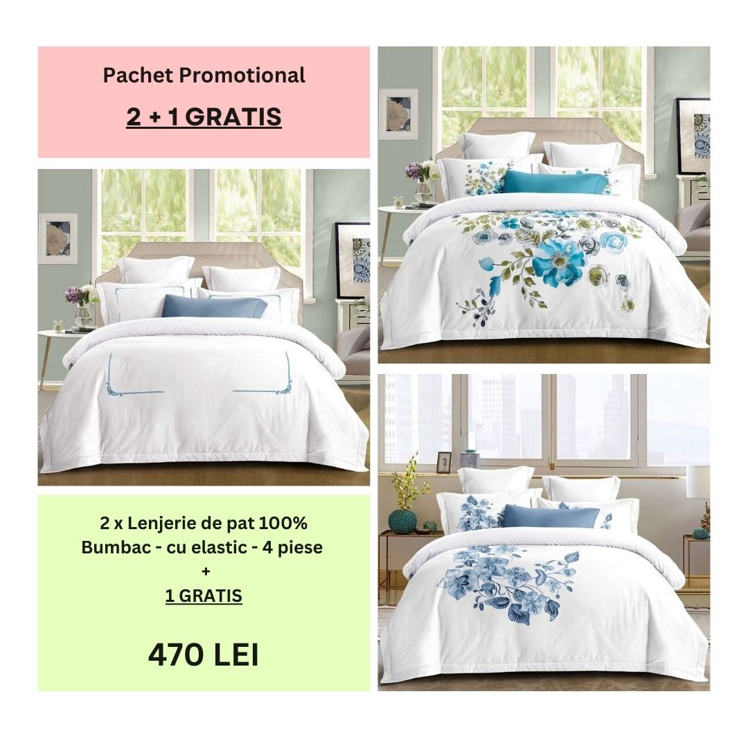 Lenjerie de pat 100% bumbac – cu elastic – 4 piese - 2 + 1 CADOU, Model 005 Lenjerie de pat 100% bumbac – cu elastic – 4 piese - 2 + 1 CADOU, Model 005