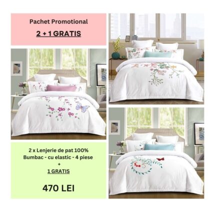 Lenjerie de pat 100% bumbac – cu elastic – 4 piese - 2 + 1 CADOU, Model 008
