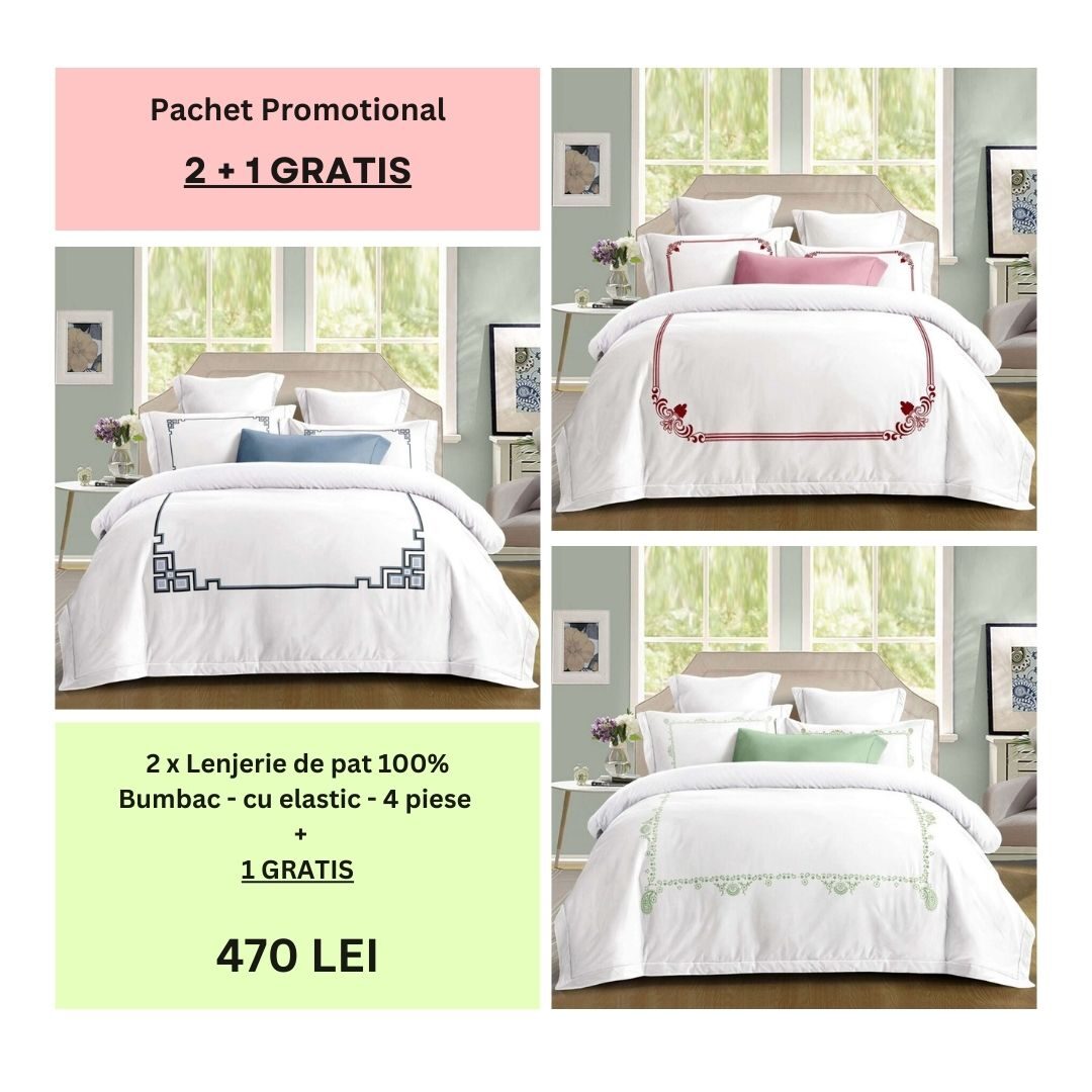 Lenjerie de pat 100% bumbac – cu elastic – 4 piese - 2 + 1 CADOU, Model 010 Lenjerie de pat 100% bumbac – cu elastic – 4 piese - 2 + 1 CADOU, Model 010