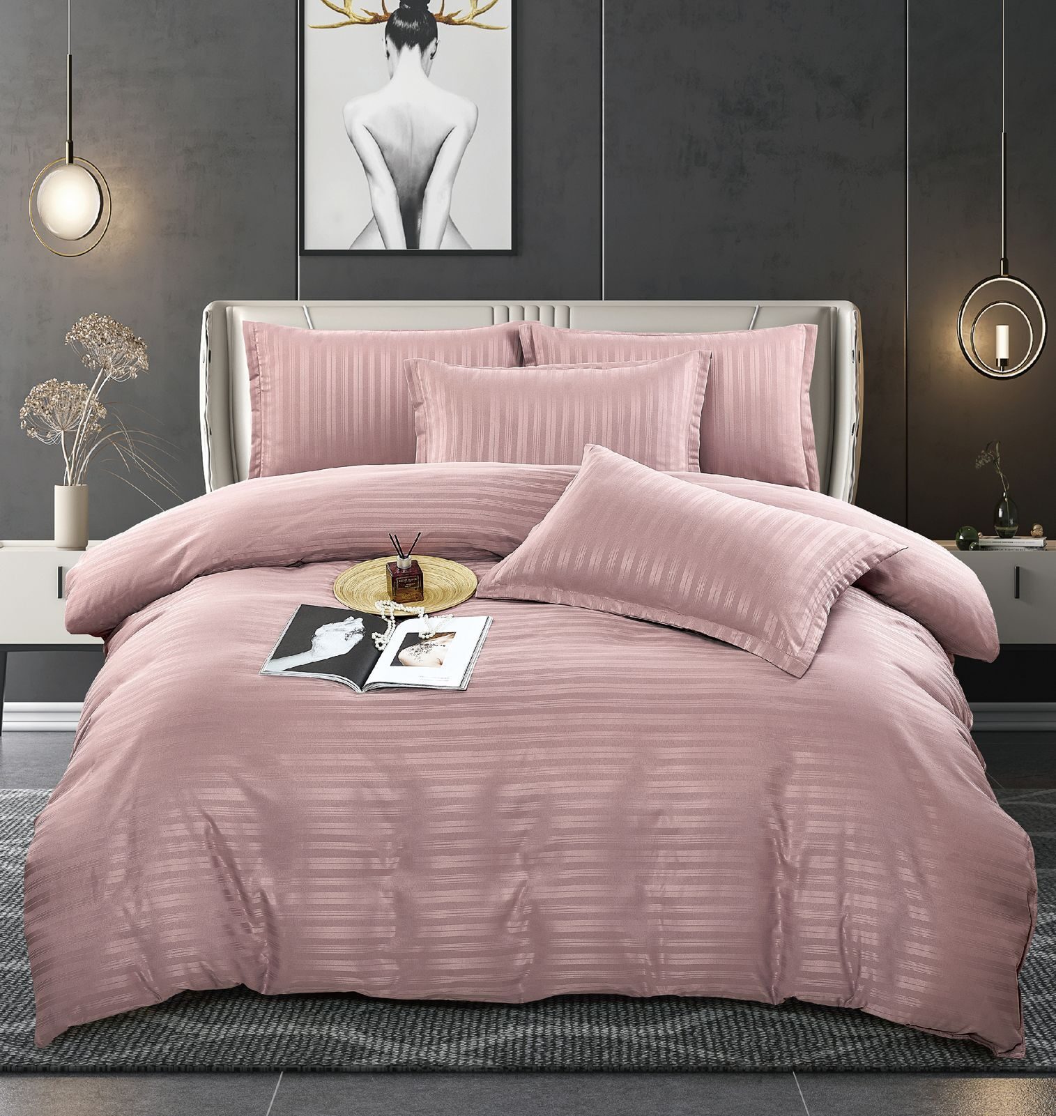 Lenjerie de pat bumbac damasc cu dunga lata – Premium – 6 piese, Model 10061 - imagine 4 Lenjerie de pat bumbac damasc cu dunga lata – Premium – 6 piese, Model 10061 - imagine 4