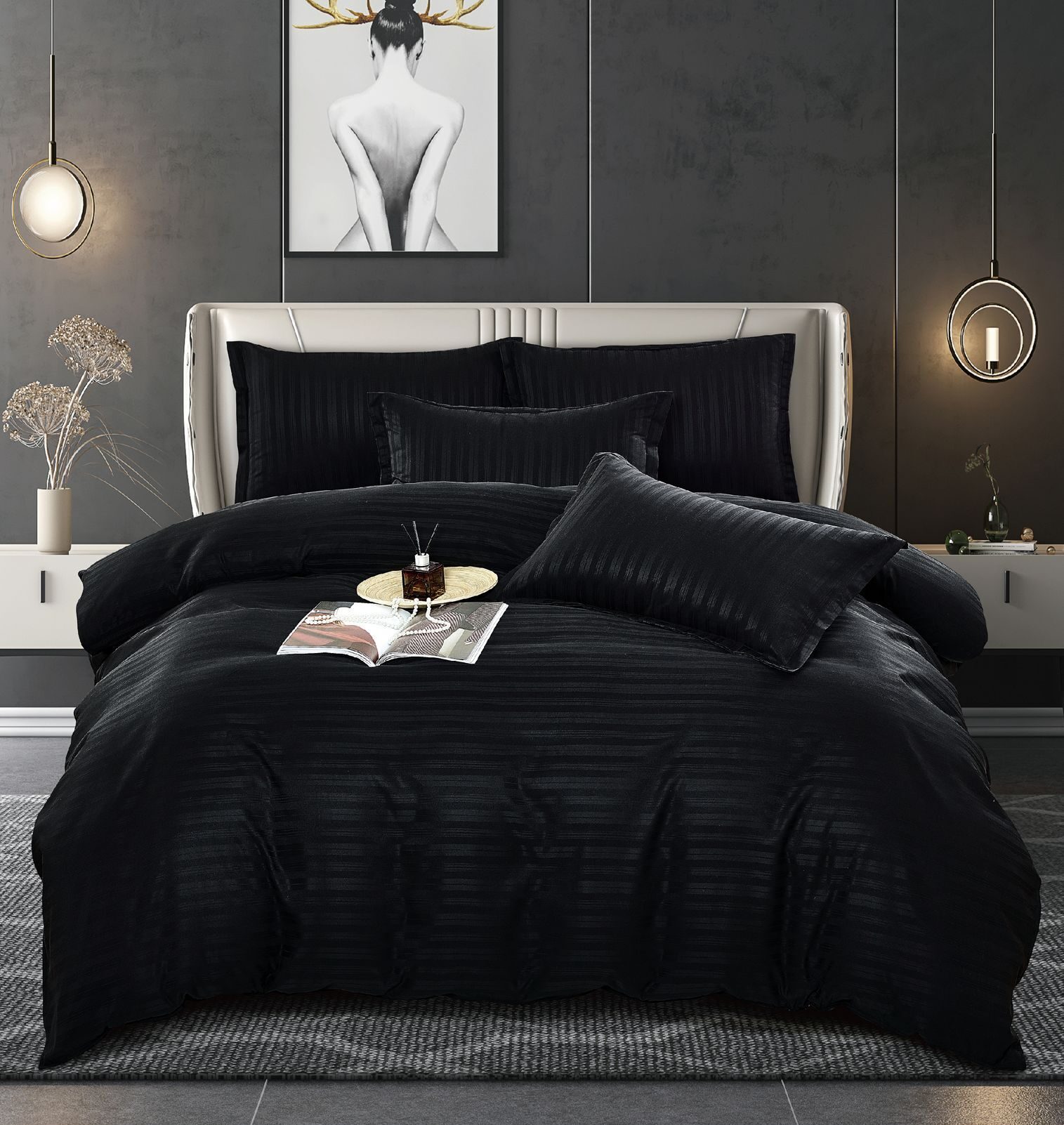 Lenjerie de pat bumbac damasc cu dunga lata – Premium – 6 piese, Model 10062 - imagine 4 Lenjerie de pat bumbac damasc cu dunga lata – Premium – 6 piese, Model 10062 - imagine 4