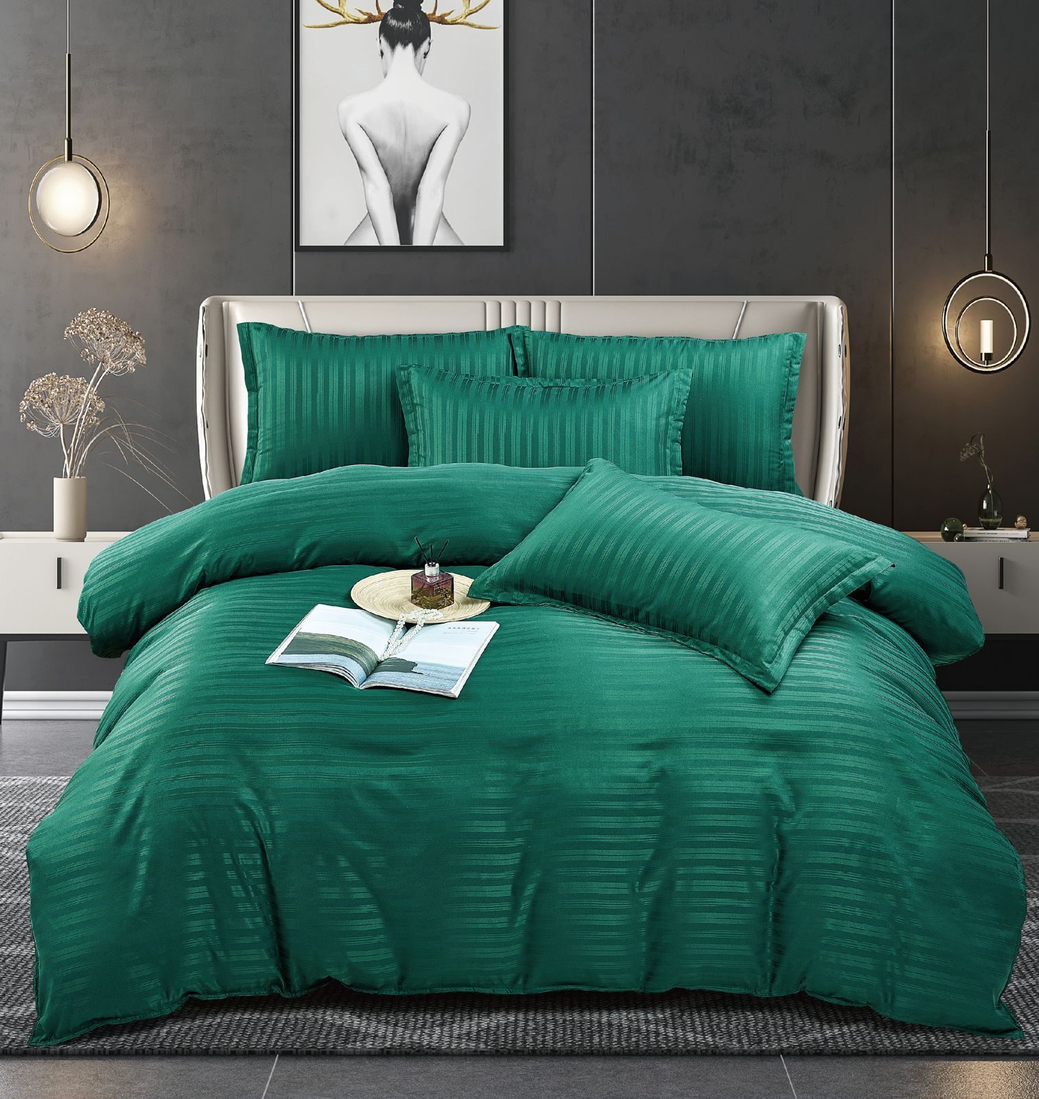 Lenjerie de pat bumbac damasc cu dunga lata – Premium – 6 piese, Model 10063 - imagine 4 Lenjerie de pat bumbac damasc cu dunga lata – Premium – 6 piese, Model 10063 - imagine 4