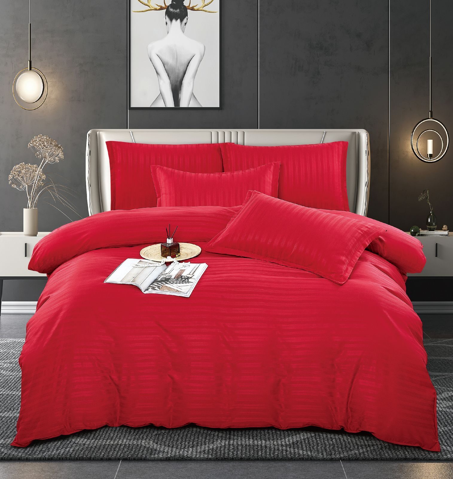 Lenjerie de pat bumbac damasc cu dunga lata – Premium – 6 piese, Model 10064 - imagine 4 Lenjerie de pat bumbac damasc cu dunga lata – Premium – 6 piese, Model 10064 - imagine 4