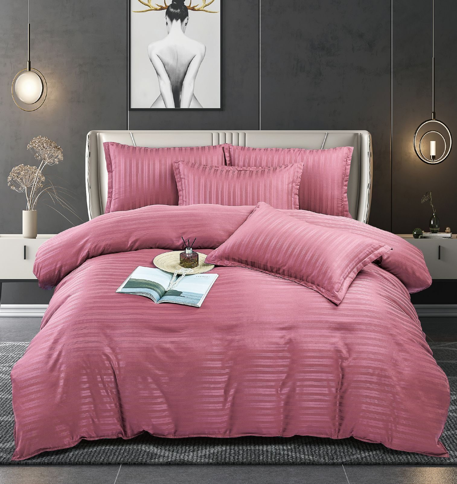 Lenjerie de pat bumbac damasc cu dunga lata – Premium – 6 piese, Model 10069 - imagine 4 Lenjerie de pat bumbac damasc cu dunga lata – Premium – 6 piese, Model 10069 - imagine 4