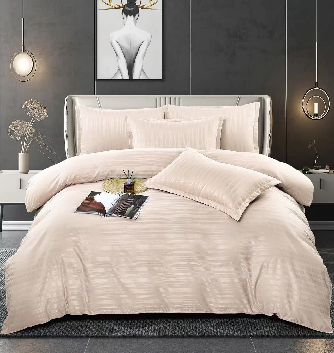 Lenjerie de pat bumbac damasc cu dunga lata – Premium – 6 piese, Model 10070 - imagine 4 Lenjerie de pat bumbac damasc cu dunga lata – Premium – 6 piese, Model 10070 - imagine 4