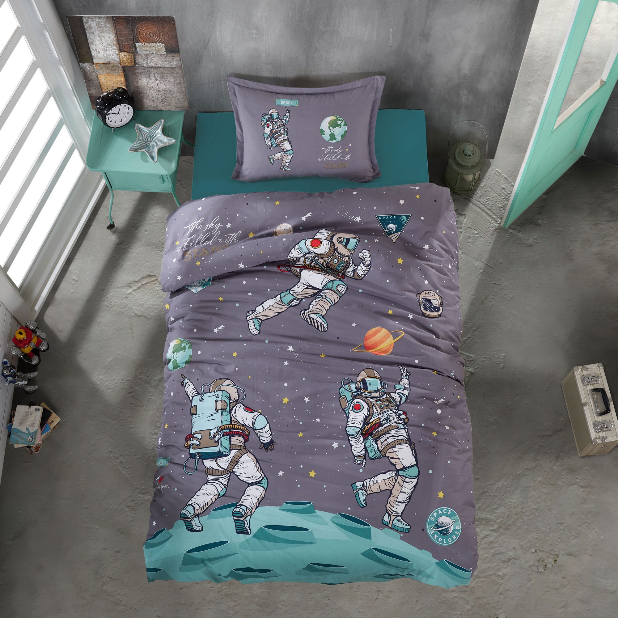 Lenjerie de pat Ranforce 100% bumbac – Space – 1 persoana – 3 piese, Model 16961 Lenjerie de pat Ranforce 100% bumbac – Space – 1 persoana – 3 piese, Model 16961