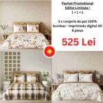 Pachet Promo 1+1+1 – Lenjerie de pat 100% bumbac – imprimeu digital – cu elastic, Model 15041