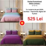 Pachet Promo 1+1+1 – Lenjerie de pat 100% bumbac – imprimeu digital – cu elastic, Model 15044