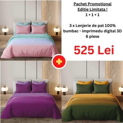 Pachet Promo 1+1+1 – Lenjerie de pat 100% bumbac – imprimeu digital – cu elastic, Model 15044