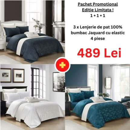 Pachet Promo 1+1+1 – Lenjerie de pat 100% bumbac Jaquard cu elastic, Model 15035