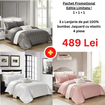Pachet Promo 1+1+1 – Lenjerie de pat 100% bumbac Jaquard cu elastic, Model 15036