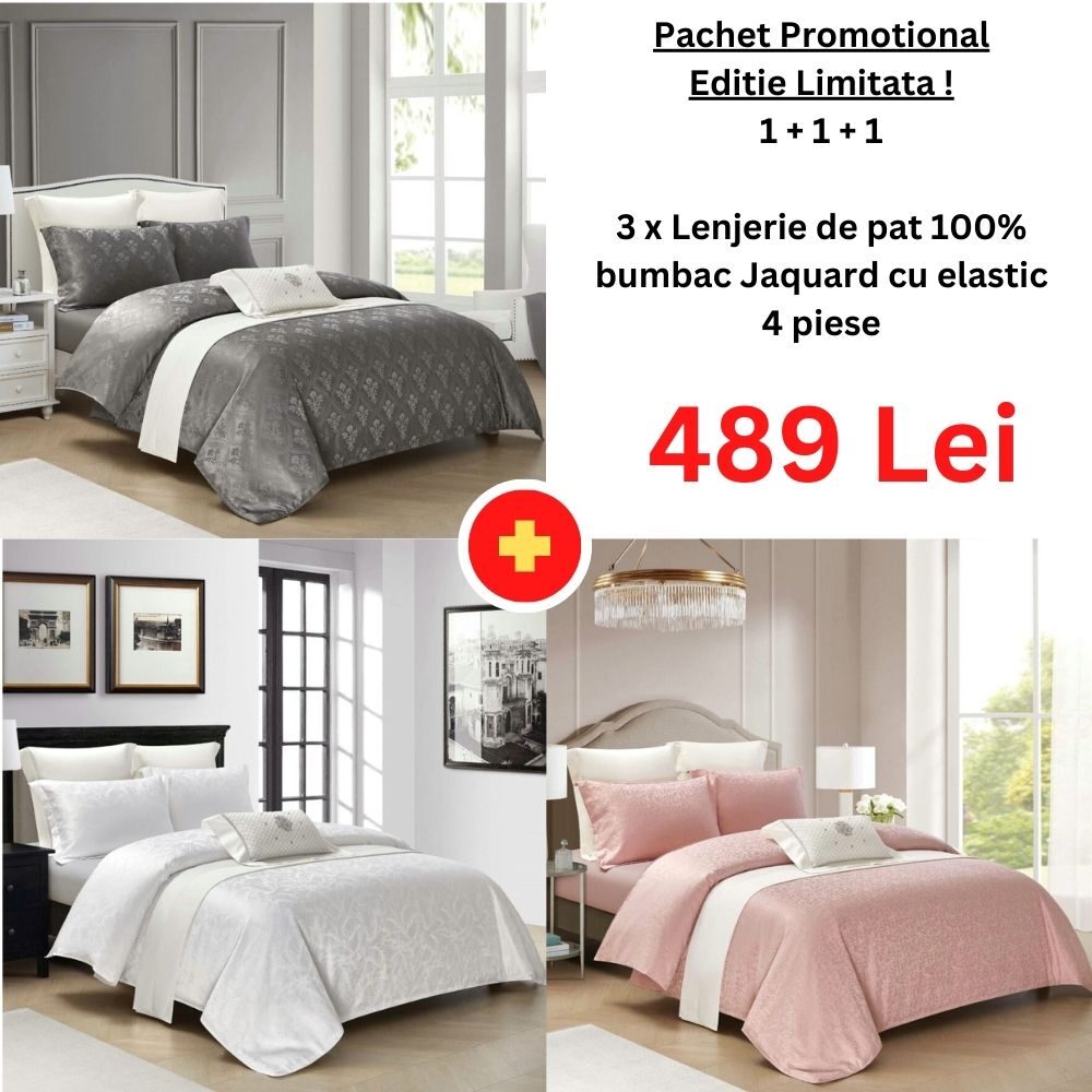 Pachet Promo 1+1+1 – Lenjerie de pat 100% bumbac Jaquard cu elastic, Model 15036 Pachet Promo 1+1+1 – Lenjerie de pat 100% bumbac Jaquard cu elastic, Model 15036