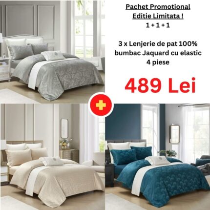 Pachet Promo 1+1+1 – Lenjerie de pat 100% bumbac Jaquard cu elastic, Model 15037