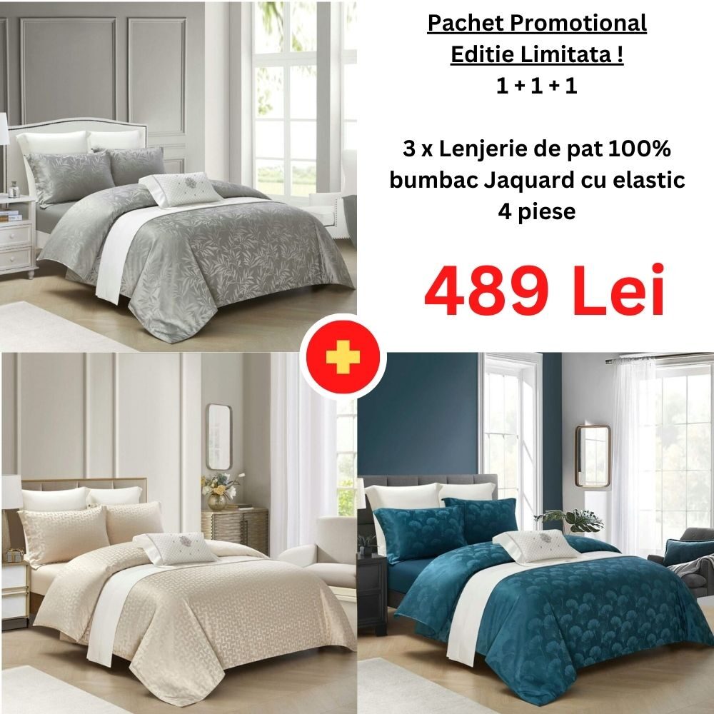 Pachet Promo 1+1+1 – Lenjerie de pat 100% bumbac Jaquard cu elastic, Model 15037 Pachet Promo 1+1+1 – Lenjerie de pat 100% bumbac Jaquard cu elastic, Model 15037