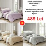Pachet Promo 1+1+1 – Lenjerie de pat 100% bumbac Jaquard cu elastic, Model 15038