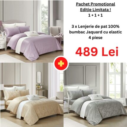 Pachet Promo 1+1+1 – Lenjerie de pat 100% bumbac Jaquard cu elastic, Model 15038