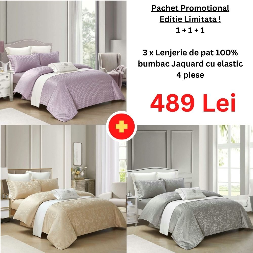 Pachet Promo 1+1+1 – Lenjerie de pat 100% bumbac Jaquard cu elastic, Model 15038 Pachet Promo 1+1+1 – Lenjerie de pat 100% bumbac Jaquard cu elastic, Model 15038