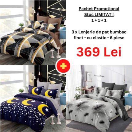 Pachet Promo 1+1+1 – Lenjerie de pat bumbac finet cu elastic, Model 18277