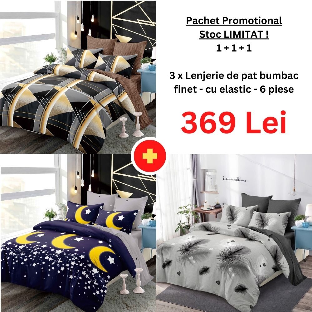 Pachet Promo 1+1+1 – Lenjerie de pat bumbac finet cu elastic, Model 18277 Pachet Promo 1+1+1 – Lenjerie de pat bumbac finet cu elastic, Model 18277