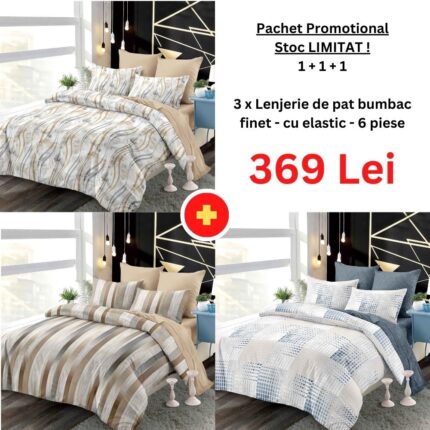 Pachet Promo 1+1+1 – Lenjerie de pat bumbac finet cu elastic, Model 18278