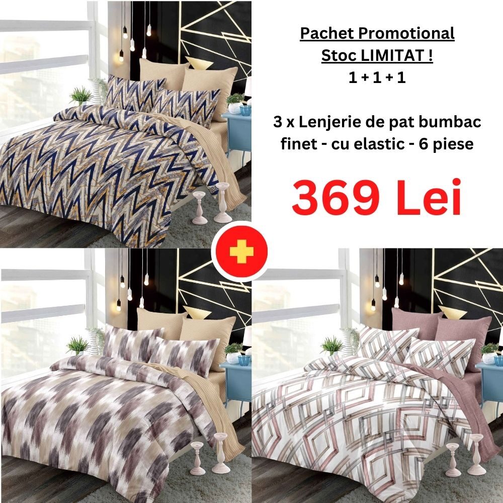 Pachet Promo 1+1+1 – Lenjerie de pat bumbac finet cu elastic, Model 18279 Pachet Promo 1+1+1 – Lenjerie de pat bumbac finet cu elastic, Model 18279