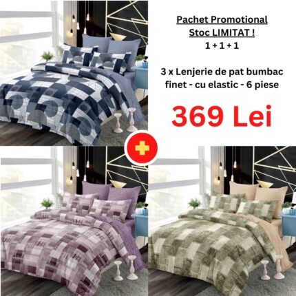 Pachet Promo 1+1+1 – Lenjerie de pat bumbac finet cu elastic, Model 18280