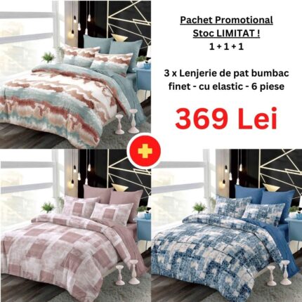 Pachet Promo 1+1+1 – Lenjerie de pat bumbac finet cu elastic, Model 18281