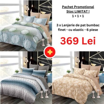 Pachet Promo 1+1+1 – Lenjerie de pat bumbac finet cu elastic, Model 18282