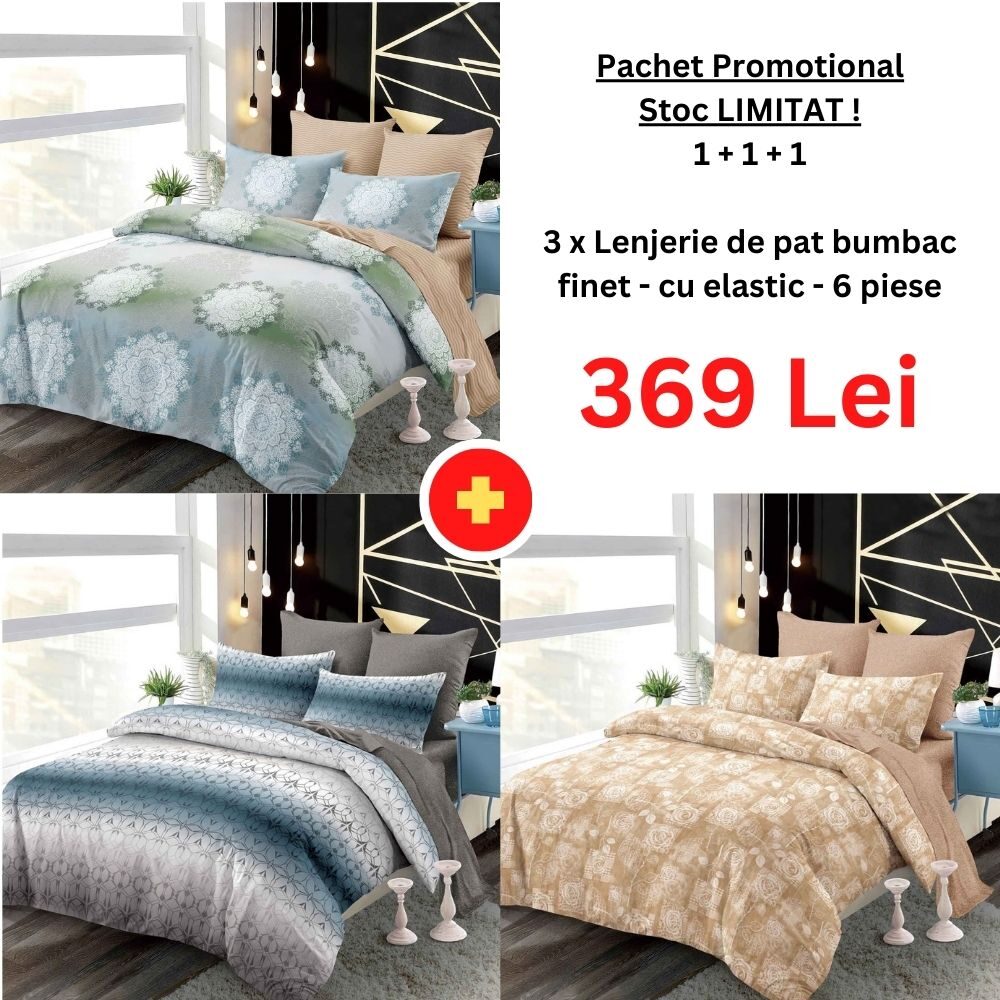 Pachet Promo 1+1+1 – Lenjerie de pat bumbac finet cu elastic, Model 18282 Pachet Promo 1+1+1 – Lenjerie de pat bumbac finet cu elastic, Model 18282