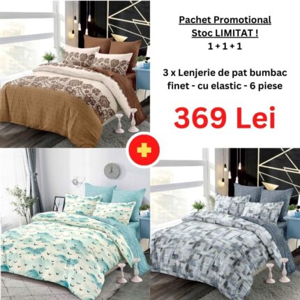 Pachet Promo 1+1+1 – Lenjerie de pat bumbac finet cu elastic, Model 18283