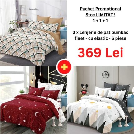 Pachet Promo 1+1+1 – Lenjerie de pat bumbac finet cu elastic, Model 18285
