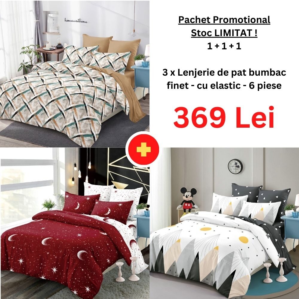 Pachet Promo 1+1+1 – Lenjerie de pat bumbac finet cu elastic, Model 18285 Pachet Promo 1+1+1 – Lenjerie de pat bumbac finet cu elastic, Model 18285