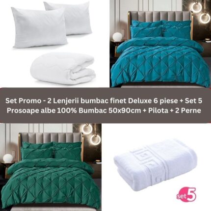 Pachet Promo – 2 Lenjerii bumbac finet Deluxe + Set 5 prosoape 100% Bumbac + Pilota + 2 Perne, Model 9232