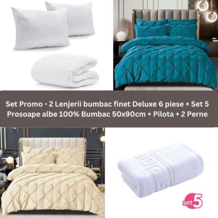 Pachet Promo – 2 Lenjerii bumbac finet Deluxe + Set 5 prosoape 100% Bumbac + Pilota + 2 Perne, Model 9234