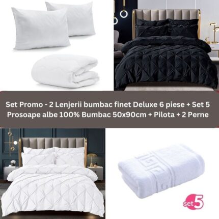 Pachet Promo – 2 Lenjerii bumbac finet Deluxe + Set 5 prosoape 100% Bumbac + Pilota + 2 Perne, Model 9235