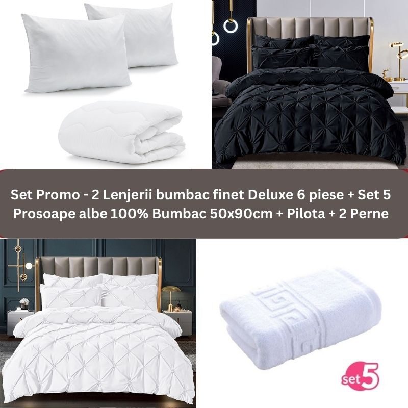 Pachet Promo – 2 Lenjerii bumbac finet Deluxe + Set 5 prosoape 100% Bumbac + Pilota + 2 Perne, Model 9235 Pachet Promo – 2 Lenjerii bumbac finet Deluxe + Set 5 prosoape 100% Bumbac + Pilota + 2 Perne, Model 9235