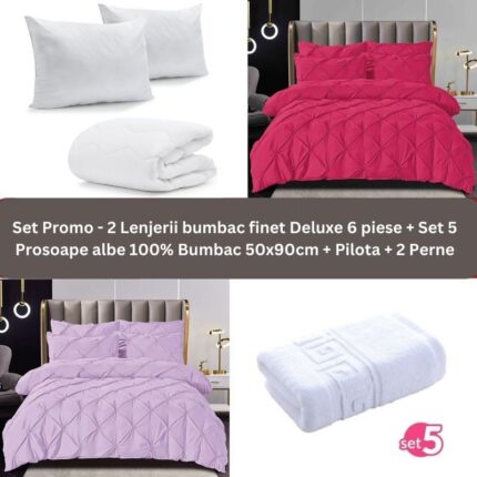 Pachet Promo – 2 Lenjerii bumbac finet Deluxe + Set 5 prosoape 100% Bumbac + Pilota + 2 Perne, Model 9236