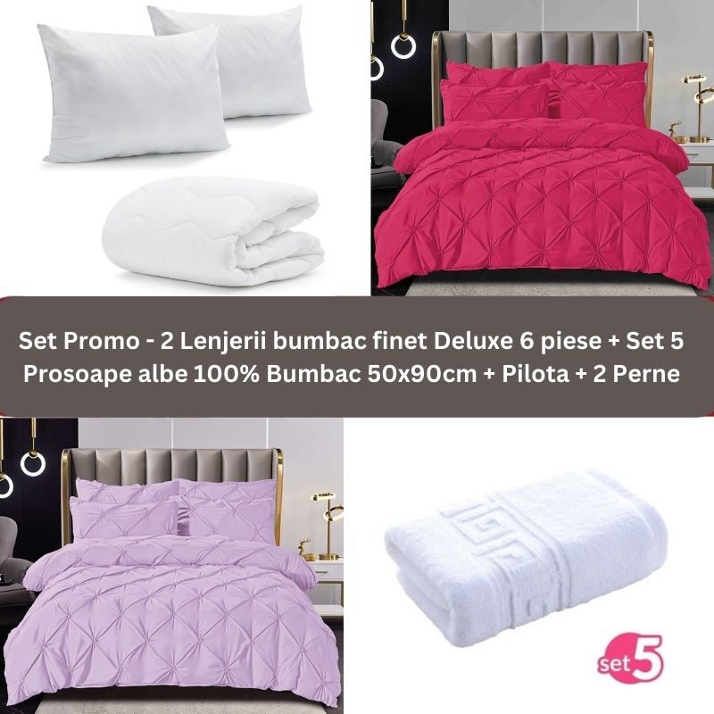 Pachet Promo – 2 Lenjerii bumbac finet Deluxe + Set 5 prosoape 100% Bumbac + Pilota + 2 Perne, Model 9236 Pachet Promo – 2 Lenjerii bumbac finet Deluxe + Set 5 prosoape 100% Bumbac + Pilota + 2 Perne, Model 9236