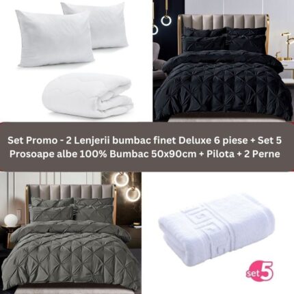 Pachet Promo – 2 Lenjerii bumbac finet Deluxe + Set 5 prosoape 100% Bumbac + Pilota + 2 Perne, Model 9237