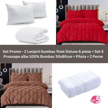 Pachet Promo – 2 Lenjerii bumbac finet Deluxe + Set 5 prosoape 100% Bumbac + Pilota + 2 Perne, Model 9238