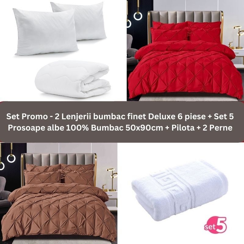 Pachet Promo – 2 Lenjerii bumbac finet Deluxe + Set 5 prosoape 100% Bumbac + Pilota + 2 Perne, Model 9238 Pachet Promo – 2 Lenjerii bumbac finet Deluxe + Set 5 prosoape 100% Bumbac + Pilota + 2 Perne, Model 9238