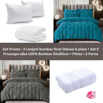 Pachet Promo – 2 Lenjerii bumbac finet Deluxe + Set 5 prosoape 100% Bumbac + Pilota + 2 Perne, Model 9240