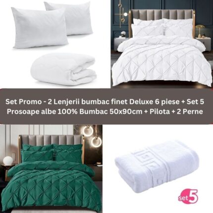Pachet Promo – 2 Lenjerii bumbac finet Deluxe + Set 5 prosoape 100% Bumbac + Pilota + 2 Perne, Model 9241