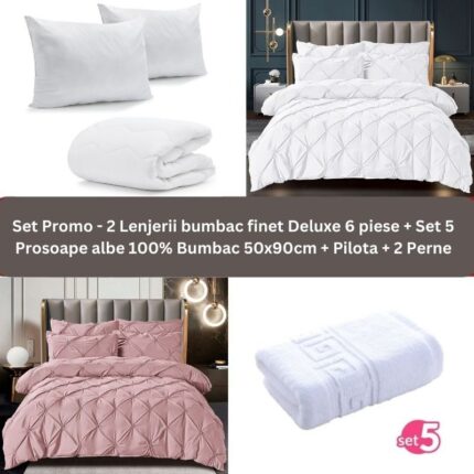 Pachet Promo – 2 Lenjerii bumbac finet Deluxe + Set 5 prosoape 100% Bumbac + Pilota + 2 Perne, Model 9242