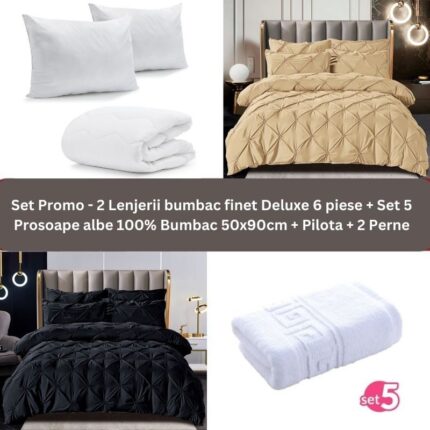 Pachet Promo – 2 Lenjerii bumbac finet Deluxe + Set 5 prosoape 100% Bumbac + Pilota + 2 Perne, Model 9243